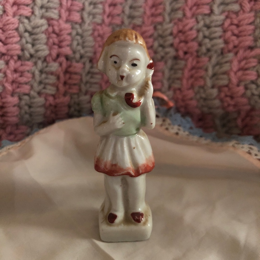 Vintage Ceramic Girl Figurine in White, Green and Red